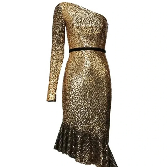 Marchesa Notte Gold Sequin Ruffle Asymmetric One Shoulder Cocktail Dress Size 2 - Picture 1 of 11